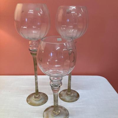 Sale Photo Thumbnail #112: Set of 3 large glass goblets/candle holders with speckled gold stems