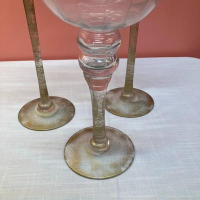 Sale Photo Thumbnail #113: Set of 3 large glass goblets/candle holders with speckled gold stems