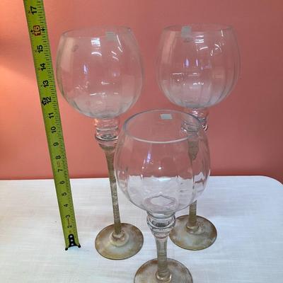 Sale Photo Thumbnail #114: Set of 3 large glass goblets/candle holders with speckled gold stems