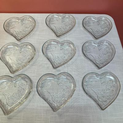 Sale Photo Thumbnail #131: Set of 9 small glass heart appetizer plates with floral design. Great condition!