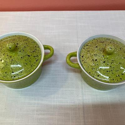 Sale Photo Thumbnail #135: 2 small green souffle crocks in excellent condition!
