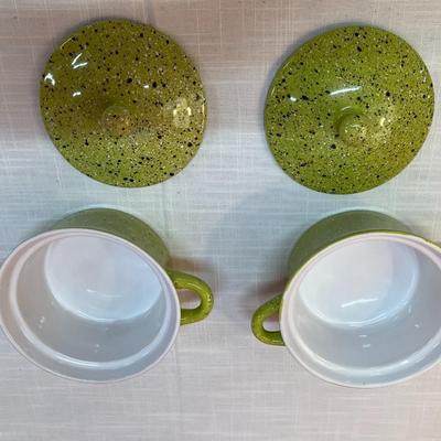 Sale Photo Thumbnail #136: 2 small green souffle crocks in excellent condition!