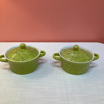 Sale Photo Thumbnail #134: 2 small green souffle crocks in excellent condition!