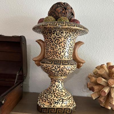 DECORATIVE BOX, LARGE VASE AND WINE CORK SPHERE