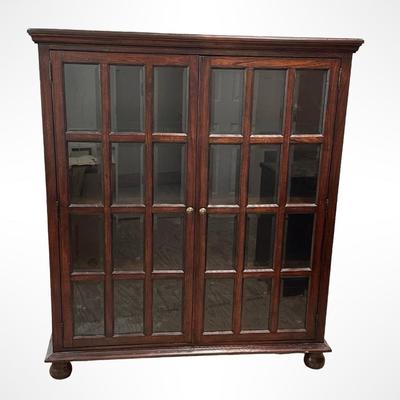 Glass-Paned Wooden Cabinet with Four Shelves