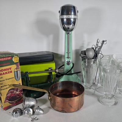 LOT 84L: Hamilton Beach Milkshake Mixer Model 30 with Retro Kitchen Gadgets and Betty Crocker Recipe Box