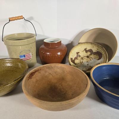 LOT 87L: Woodbury Bowl with Earthenware Crocks and Bowls