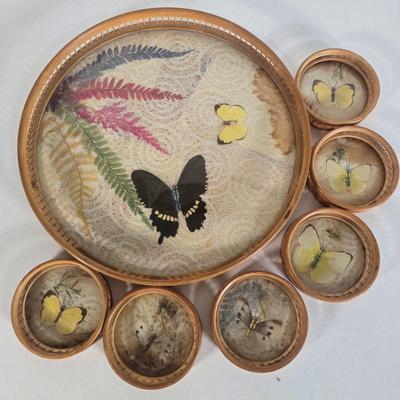 LOT 88L: Vintage Green Glass Decanter and Glasses and Bamboo Pressed Butterflies Serving Tray & Coaster Set