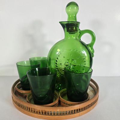 LOT 88L: Vintage Green Glass Decanter and Glasses and Bamboo Pressed Butterflies Serving Tray & Coaster Set