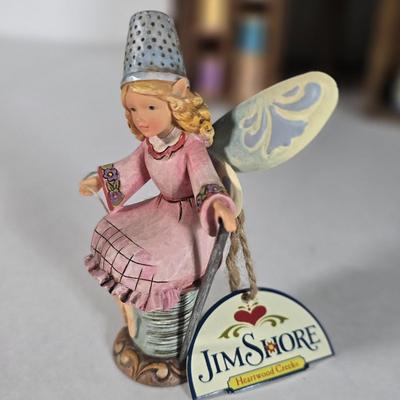 LOT 89L: Jim Shore "Needle little Love" Angel Figurine, Avon and more Thimble Collection, Display Cases, Vintage Pinking...