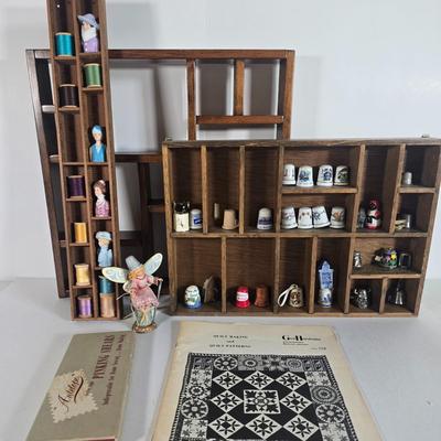 LOT 89L: Jim Shore "Needle little Love" Angel Figurine, Avon and more Thimble Collection, Display Cases, Vintage Pinking...