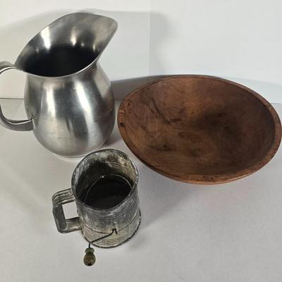 LOT 91L: Wooden Dough Bowl with Large Metal Pitcher and Vintage Flour Sifter