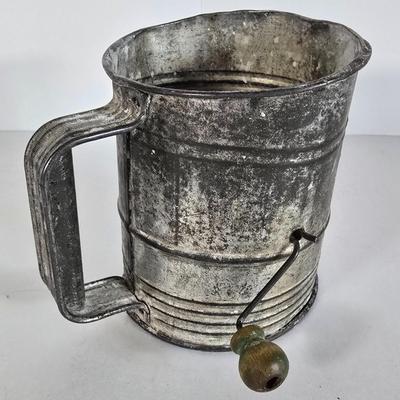 LOT 91L: Wooden Dough Bowl with Large Metal Pitcher and Vintage Flour Sifter