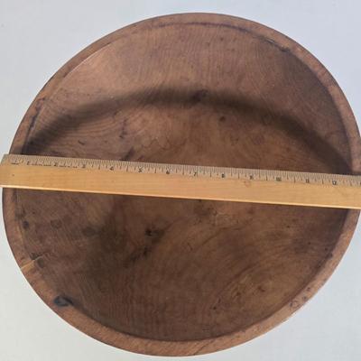LOT 91L: Wooden Dough Bowl with Large Metal Pitcher and Vintage Flour Sifter