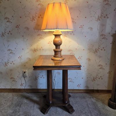 LOT 109L: Solid Wood Side Table with Two Wooden Lamps