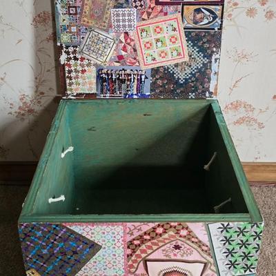 LOT 110L: Antique Armchair and Decoupaged Quilt Box on wheels