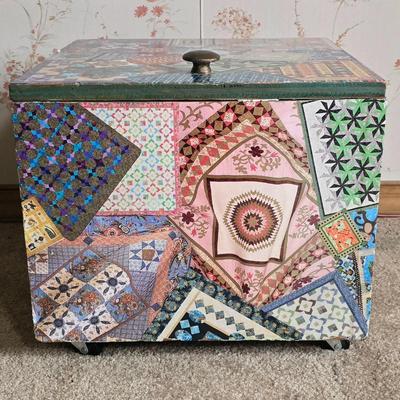 LOT 110L: Antique Armchair and Decoupaged Quilt Box on wheels