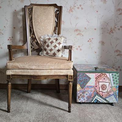 LOT 110L: Antique Armchair and Decoupaged Quilt Box on wheels