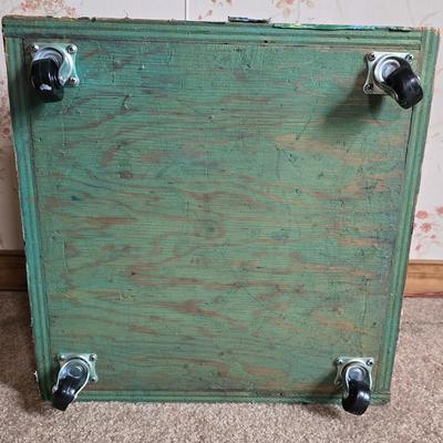 LOT 110L: Antique Armchair and Decoupaged Quilt Box on wheels