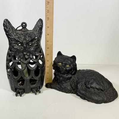 LOT 142B: Vintage Metal Owl Candle Holder and Antique Cat Doorstop