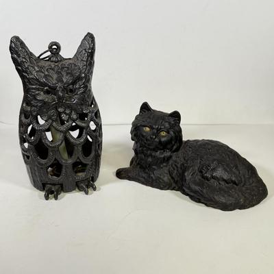LOT 142B: Vintage Metal Owl Candle Holder and Antique Cat Doorstop
