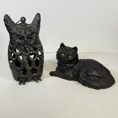 LOT 142B: Vintage Metal Owl Candle Holder and Antique Cat Doorstop