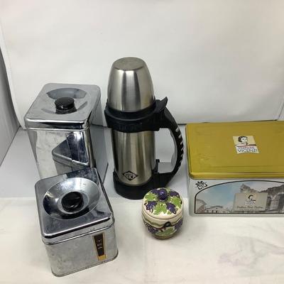 Sale Photo Thumbnail #134: Two metal canisters, nice thermos, large tin, and jam holder