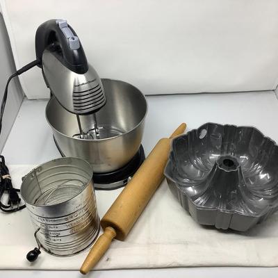Sale Photo Thumbnail #140: Hamilton Beach Mixer, Bunn Cake, Pan, Sifter, and Rolling Pin.