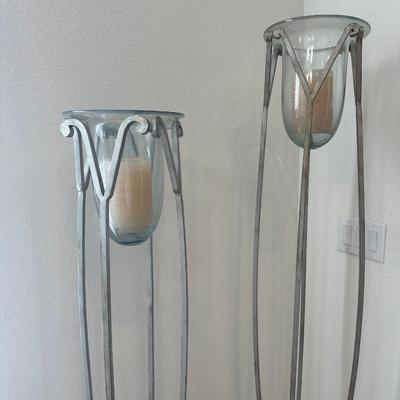 Pair of Tall Metal Floor Candle Holders with Blown Glass Inserts