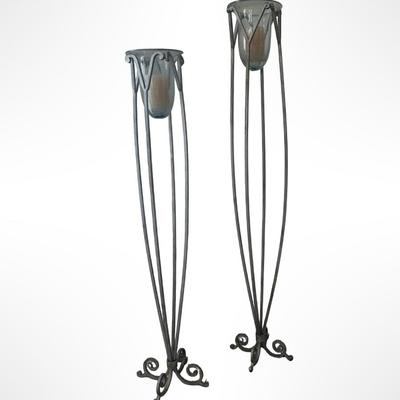 Pair of Tall Metal Floor Candle Holders with Blown Glass Inserts
