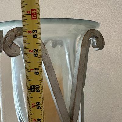 Pair of Tall Metal Floor Candle Holders with Blown Glass Inserts