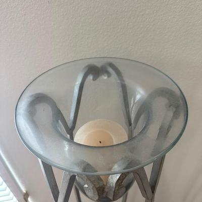 Pair of Tall Metal Floor Candle Holders with Blown Glass Inserts