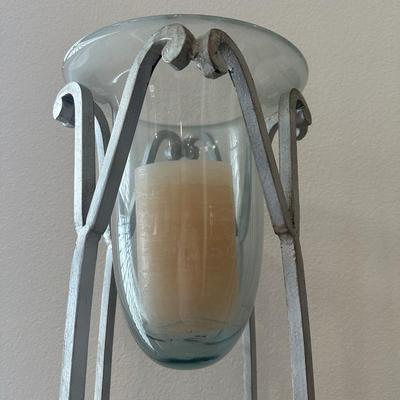 Pair of Tall Metal Floor Candle Holders with Blown Glass Inserts