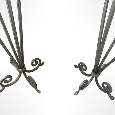 Pair of Tall Metal Floor Candle Holders with Blown Glass Inserts
