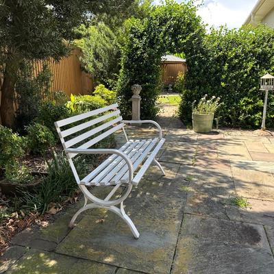 White Slatted Metal Garden Bench