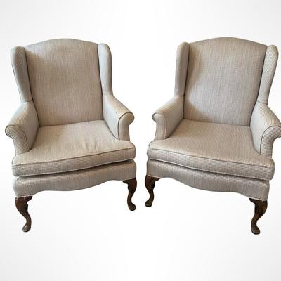 Pair of Upholstered Wingback Armchairs with Cabriole Legs