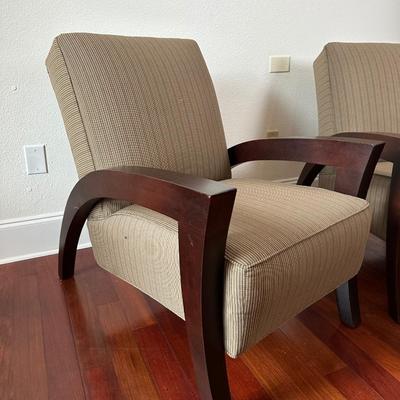 Pair of Contemporary Wood Frame Armchairs with Striped Upholstery