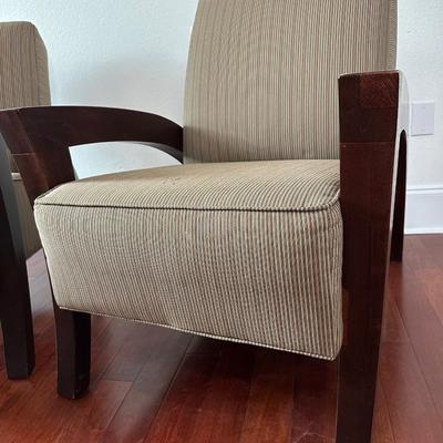 Pair of Contemporary Wood Frame Armchairs with Striped Upholstery