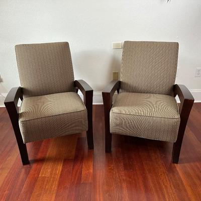 Pair of Contemporary Wood Frame Armchairs with Striped Upholstery