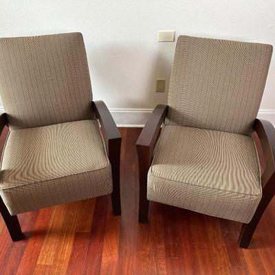 Pair of Contemporary Wood Frame Armchairs with Striped Upholstery