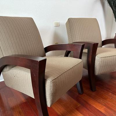 Pair of Contemporary Wood Frame Armchairs with Striped Upholstery