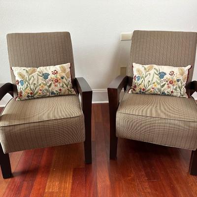 Pair of Contemporary Wood Frame Armchairs with Striped Upholstery