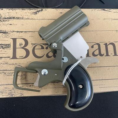 Sale Photo Thumbnail #255: Action: Single-action over/under derringer

Barrel Length: 2.75 inches

Overall Length: 4.65 inches

Height: Approximately 3 inches

Width: Approximately 1 inch

Weight: 14 oz

Capacity: 2-round double-barrel

Frame Material: Alloy

Sights: Fixed front bl