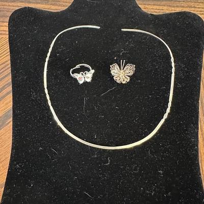 CUTE 925 BUTTERFLY RING AND PIN AND 925 COLLAR NECKLACE