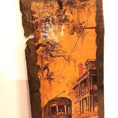 Lot #16 Painted New Orleans Streetcar Scene on Antique Roof Slate from St. Louis Cathedral - 1975