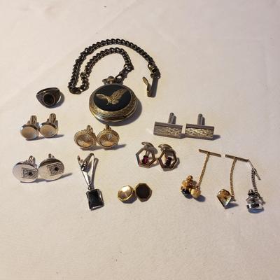 Benrus Eagle Pocket Watch, Cufflinks and Tie Pins (LR-KD)