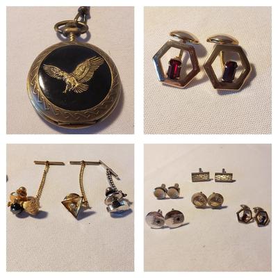 Benrus Eagle Pocket Watch, Cufflinks and Tie Pins (LR-KD)