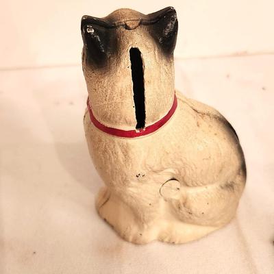 Lot #17 Vintage John Wright Sitting Cat Painted Metal Coin Bank - Ardalt Lenwile China Cats on Cushion