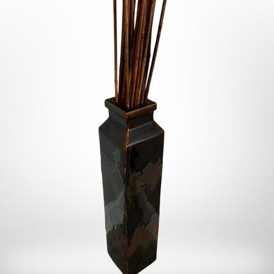 Tall Square Black Ceramic Floor Vase with Decorative Brown Branches