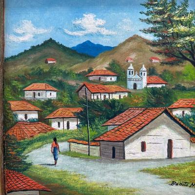 Pair of Framed Honduran Village Scene Oil Paintings on Board